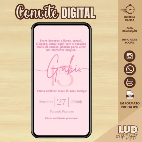 Convite Digital com Foto 15 Anos Rosa