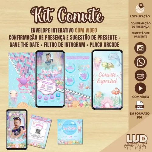Kit Convite Interativo com Video Fundo do Mar e Outros