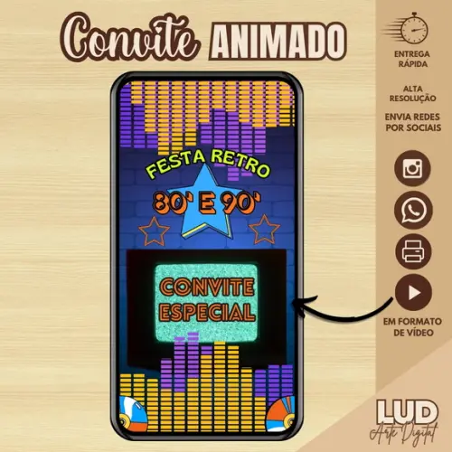 Convite Animado Adulto Retro Anos 80's e 90's e