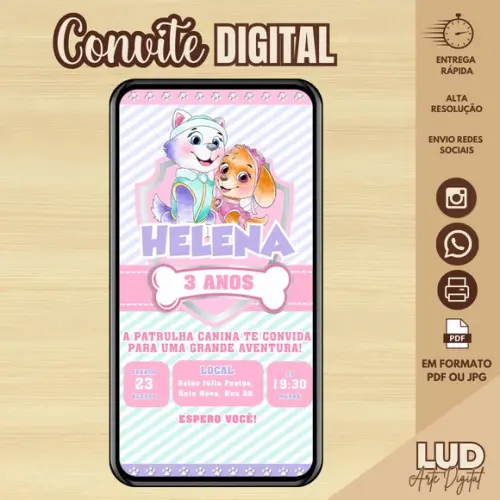 Convite Digital Patrulha Canina Skye e Everest Menina