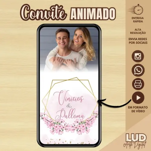Convite Animado Casamento/noivado Floral Rosa
