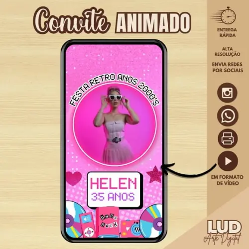 Convite Animado Adulto Retro Anos 2000's