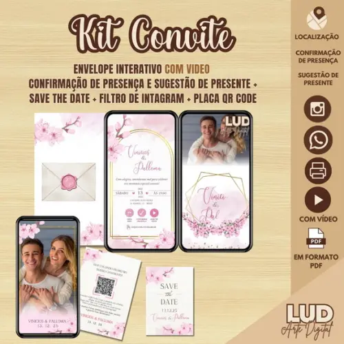 Kit Convite Interativo Casamento + Filtro Rosa