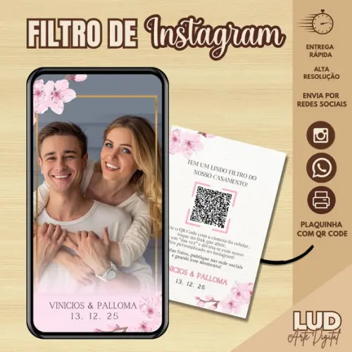 Filtro de Instagram Casamento Rosa + Plaquinha com Qr Code