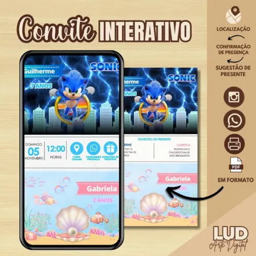 Convite Interativo Dois Temas/duplo - Sonic e Fundo do Mar