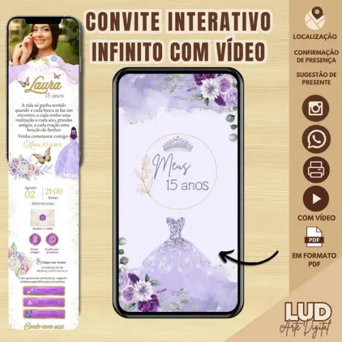 Convite Infinito Interativo com Vídeo 15 Anos Lilás