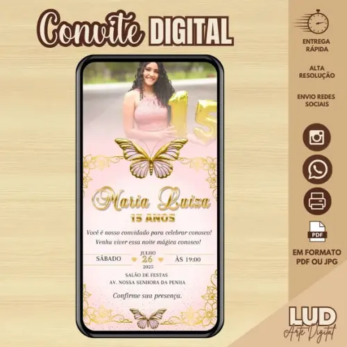 Convite Digital com Foto 15 Anos Rosa