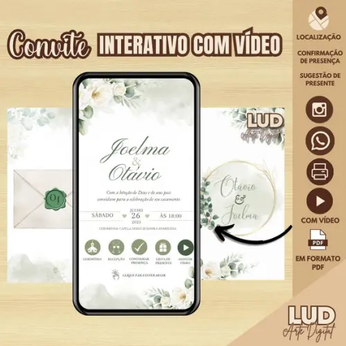 Convite Envelope Interativo com Vídeo Casamento Floral Verde