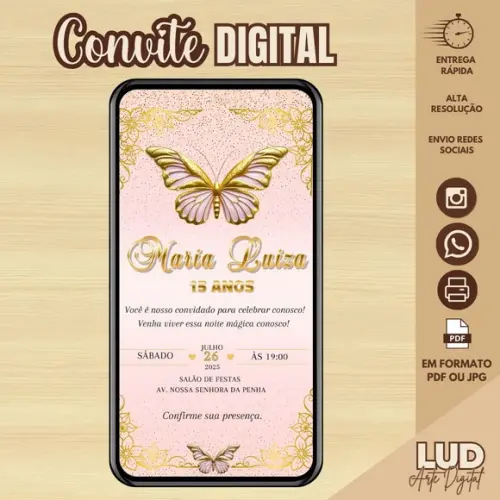 Convite Digital 15 Anos Rosa e Dourado
