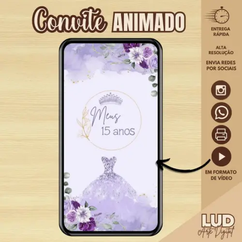 Convite Animado 15 Anos Lilás