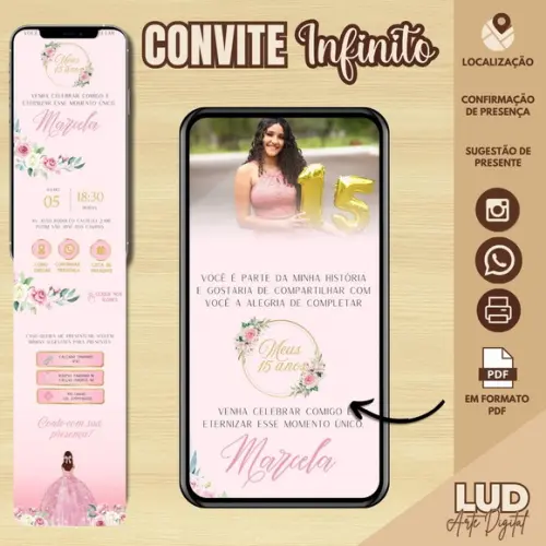 Convite Infinito Interativo 15 Anos Lilás e Dourado