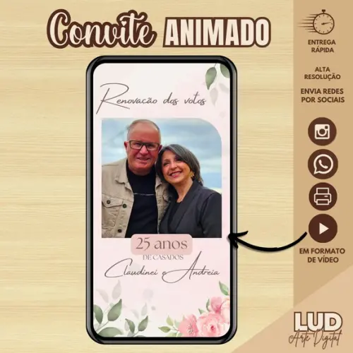 Convite Animado Bodas/ Casamento/noivado Floral Rosa