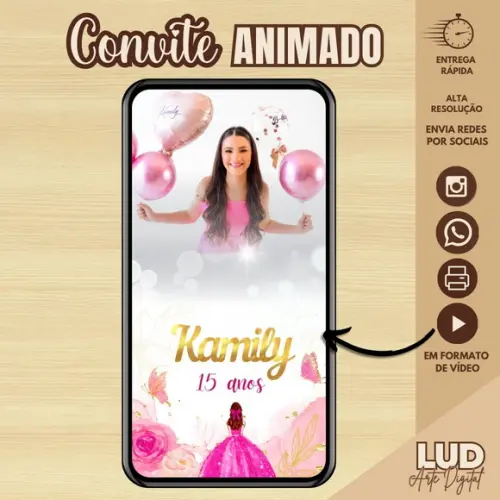 Convite Animado 15 Anos Rosa e Dourado