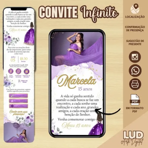 Convite Infinito Interativo 15 Anos Lilás e Dourado