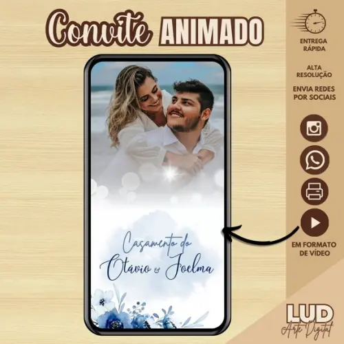 Convite Animado Casamento/noivado Floral Azul
