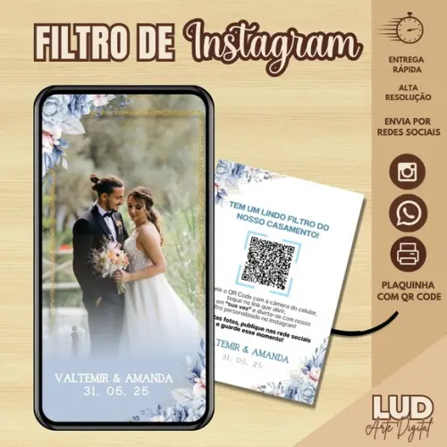 Filtro de Instagram Casamento Azul + Plaquinha com Qr Code