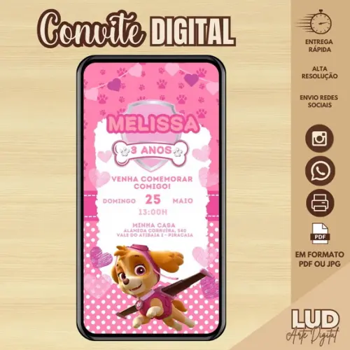 Convite Animado Patrulha Canina Sky Menina