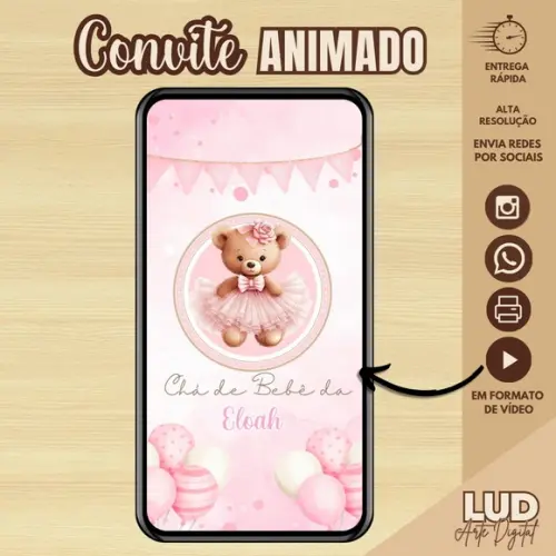 Convite Animado Chá de Fraldas/bebê Ursinha