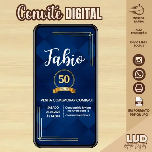 Convite Digital Adulto Masculino 50 Anos Azul e Dourado