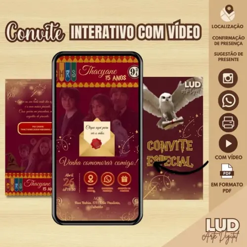 Convite 15 Anos Interativo com Vídeo Harry Potter