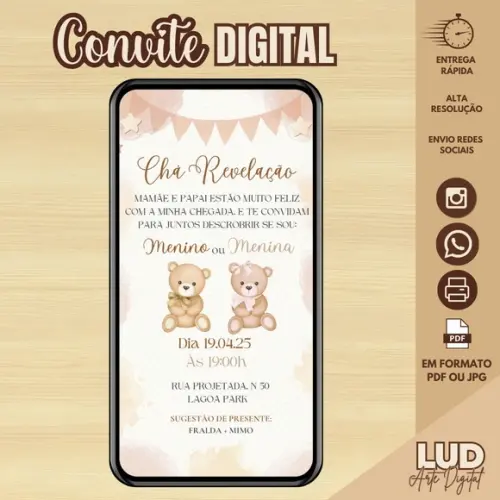 Convite Digital Chá Revelação Ursinhos Bege e Marrom