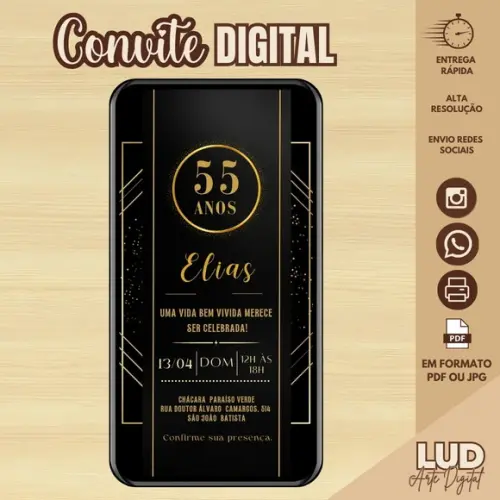 Convite Digital Adulto 50 Anos Dourado