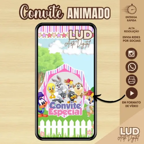 Convite Animado Baby Looney Tunes Rosa