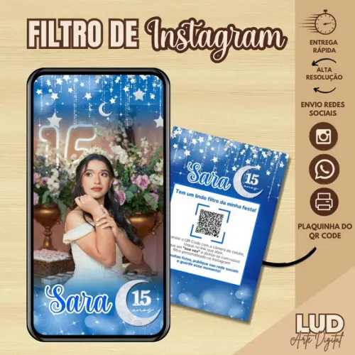 Filtro de Instagram 15 Anos Azul+ Plaquinha com Qr Code