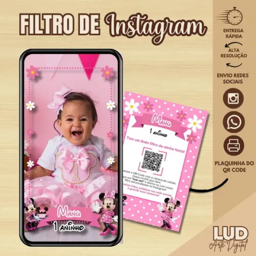 Filtro de Instagram Minnie Rosa + Plaquinha com Qr Code