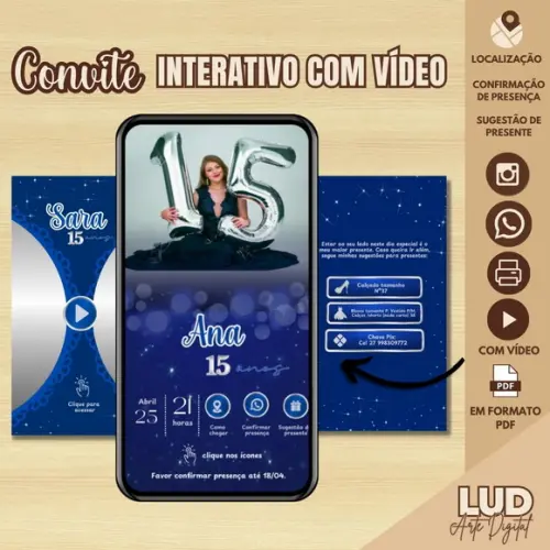 Convite 15 Anos Interativo com Vídeo Noite Estrelada