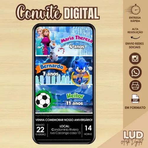 Convite Digital 3 Temas/triplo - Sonic / Futebol / Frozen