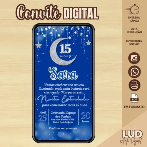 Convite Digital 15 Anos Azul Noite Estrelada