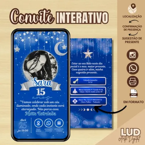 Convite Digital Interativo 15 Anos Azul Noite Estrelada