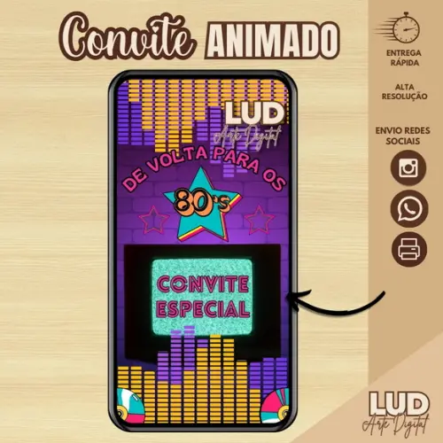 Convite Animado Adulto Retro Anos 80's