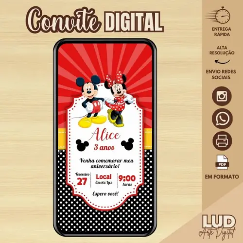 Convite Digital Minnie e Mickey