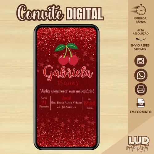 Convite Digital Adulto Glitter Vermelho Cerejinha