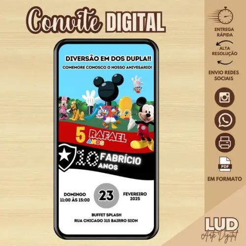 Convite Digital Dois Temas/duplo - Mickey e Botafogo