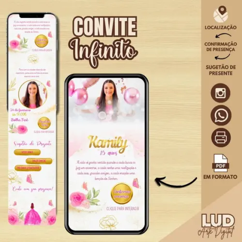 Convite Infinito Interativo 15 Anos Rosa e Dourado