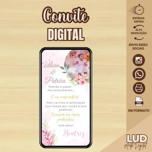 Convite Digital com Foto Padrinhos de Batismo Menina