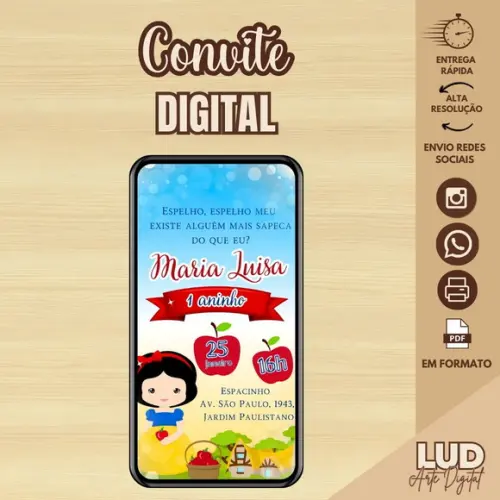 Convite Digital Branca de Neve Cute