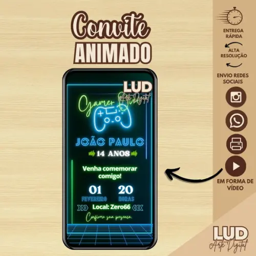 Convite Animado Vertical 30s Gamer Neon