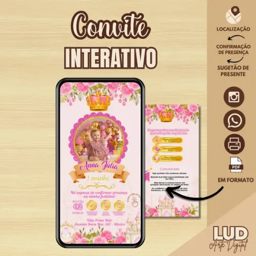 Convite Digital Interativo Realeza/princesa/coroa