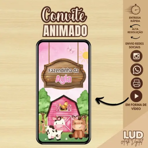 Convite Animado Fazendinha Aquarela Menina