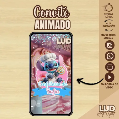 Convite Animado Stitch Confeiteiro