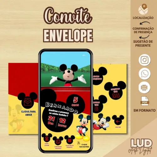 Convite Envelope Interativo Mickey