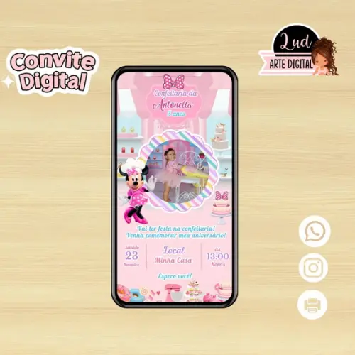 Convite Digital com Foto Confeitaria da Minnie