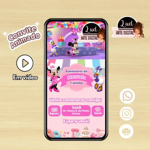 Convite Animado 30s Minnie Confeitaria
