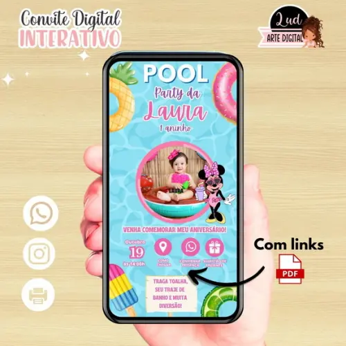 Convite Interativo Pool Party Minnie - Festa na Piscina