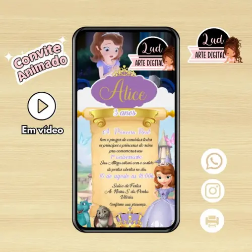 Convite Animado 30s Princesinha Sofia