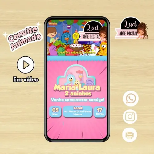 Convite Animado 30s Galinha Pintadinha Rosa